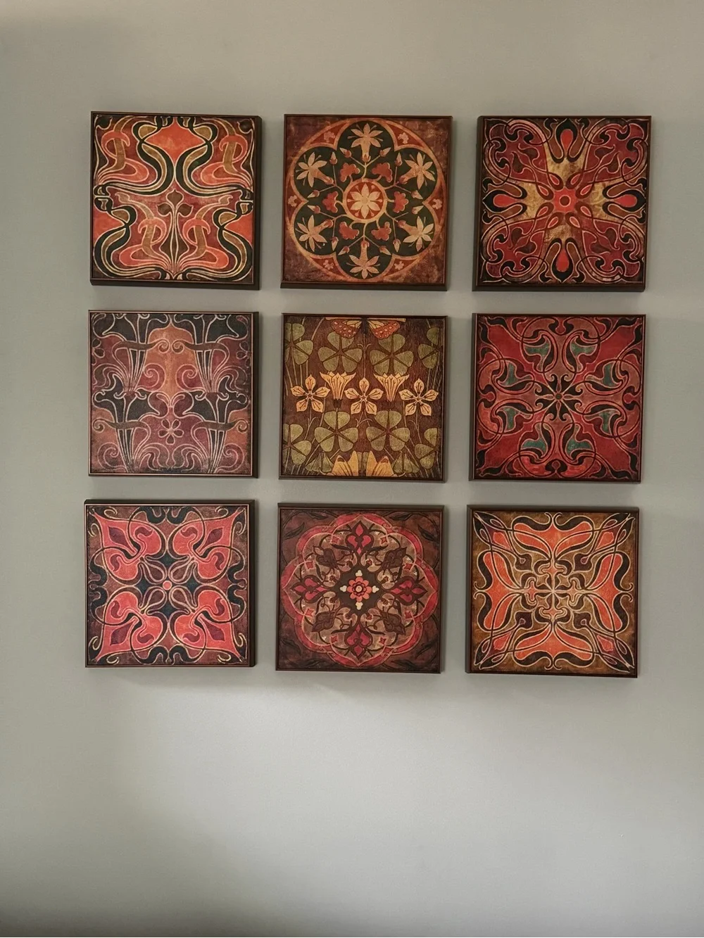 Nine-Piece Red and Orange Patterned Wall Art Set